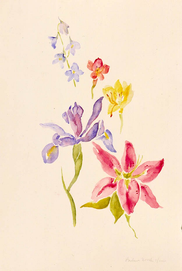 Barbara Novak, Iris, Lily, Alstromeria and Delphinium
watercolor, 18" x 12"
signed and dated 7/2000, lower right
BN 6/01.09
Sold