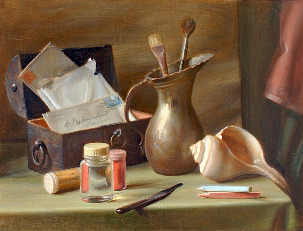 Gustav Palminteri, Still Life, Seashell and Brushes
oil on panel, 12" x 16"
signed, C. Palminteri, verso
JCAC  5379
Sold