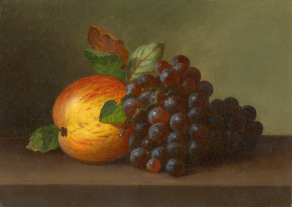 Paul LaCroix, Still Life with Apple and Grapes, 1863
oil on board, 8 1/8" x 11 1/4"
signed and dated 1863, lower right
JCA 2057
Sold