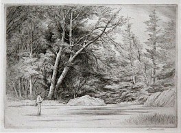 This etching of a lone fisherman by a forest stream is the work of print maker Thomas Nason