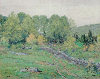 Wilson Irvine painted these green fields and stone walls depicting a gray spring day.