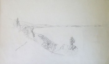 A sensitively and sparely drawn pencil sketch of the coast of Maine by Aaron Draper Shattuck.
