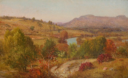 Aaron Draper Shattuck, Monument Mountain from the Valley
oil on board, 9" x 14"
stamped lower right
titled and dated 1856 and initialed verso before lining
NWADS 05
$9,500