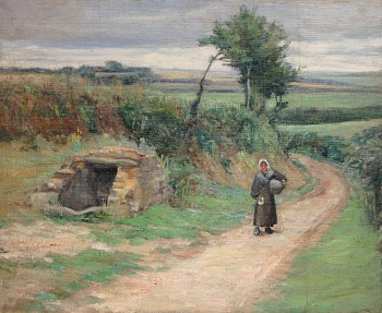 A lone figure of a woman walks along a dirt road in the French countryside by Allen Talcott.