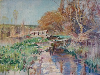 Possibly depicting a small canal in the south of France this painting by Allen Talcott expresses the arid quality of the region while still showing the lushness.