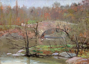 Spring grass is depicted on the little peninsula below a stone bridge in Central Park, New York City by the painter Allen Talcott.