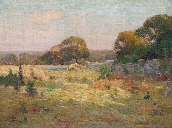 "Undulating Connecticut Landscape" may be an more apt title as the foreground leads into a varied topographic landscape dotted with stone walls, shadows and autumn colors by William Robinson.