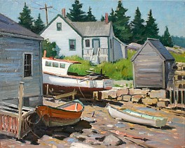Dinghys rest on this rocky beach next to a house and a fishing shack in Maine by painter Junius Allen.