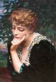 A fair haired woman dressed in black with a white lace collar looks down, her hand on her chin, as if in contemplation in this painting by Carroll Beckwith.