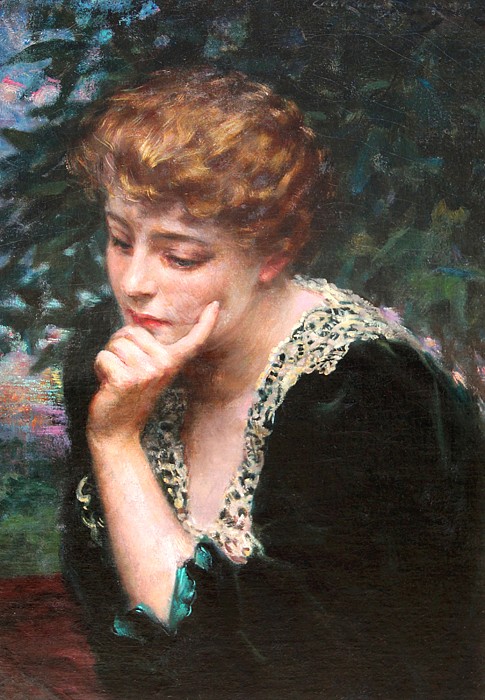 J(ames) Carroll Beckwith, Reverie
oil on canvas, 26 1/8" x 19 3/8"
signed upper right
JCAC 5565
$35,000