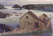In this watercolor Sandor Bernath creates a portrait of a lobster shack with crisp lines and surrounded by pilings against the backdrop of a cove presumably in Maine.