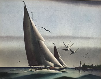 Sandor Bernath uses dark colors in this watercolor to depict a stormy day at sea.