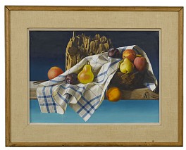 A jumbled still life of fruit cascading from a basket on a piece of driftwood floating on air by Bruckman is painted realistically and in the magic realist style.