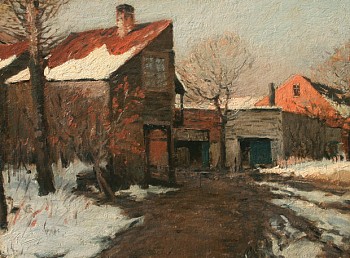 Stone barns with sharply slanted roofs are in the afternoon shadows as snow melts in this painting by George Bruestle.