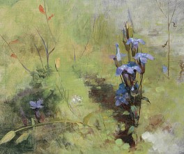 Softly painted with loose brushstrokes this painting focuses on a small clump of irises in a field.