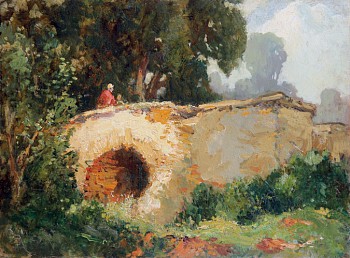 Indistinctly painted figures cross over an ancient bridge in the Italian countryside in this painting by Lewis Cohen.