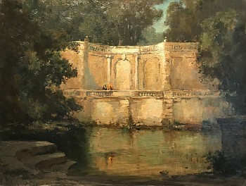 A fugure with a parasol is dwarfed by a roman wall in the middle ground by Lewis Cohen.