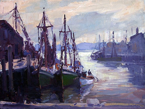 Roger Dennis, Gloucester Evening, 1951
oil on canvas, 12" x 16"
signed and dated on stretcher
RD DS #085
$2,800
