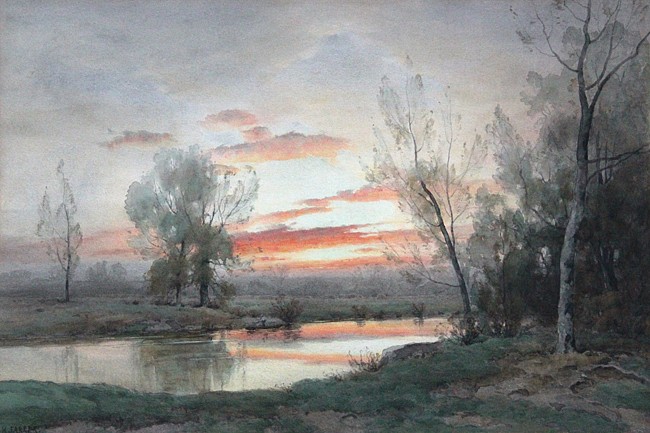 Henry Farrer, Evening Idyll
(Sunset on the Bronx)
watercolor on paper, 12 1/4" x 18"
signed, H. Farrer, lower left
JCA 5449
$15,000