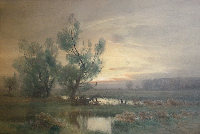 Henry Farrer, Last Light on the Marshes
watercolor on paper, 16 1/2" x 24 1/2"
signed, H.Farrer, lower left
JCA 5109
$22,000