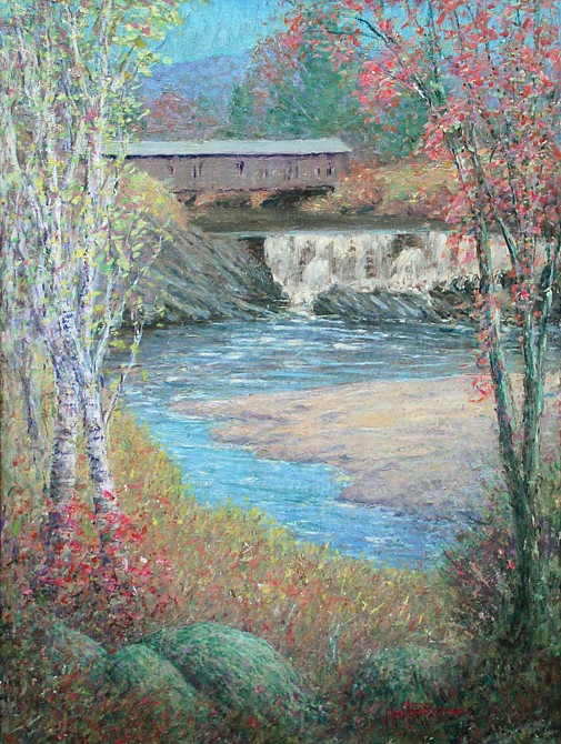 Harry L(eslie) Hoffman, Saxton's River Falls and Covered Bridge
oil on board, 24" x 18"
signed Hoffman, lower right
titled, signed and dated, 1963, verso
HH #05
$6,500
