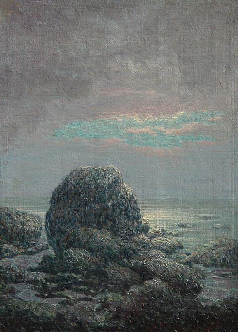 Harry L(eslie) Hoffman, Black Hall Shore
oil on board, 14" x 10"
signed, Harry and titled, dated 1907 and
inscribed "to Lou", verso
HH #08
$2,000