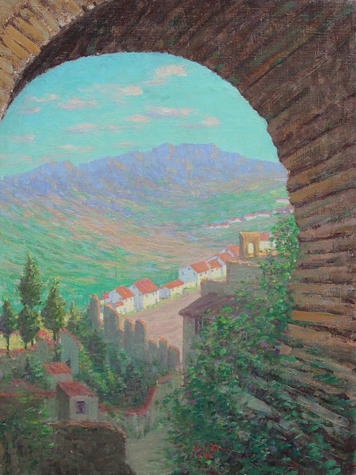 Harry L(eslie) Hoffman, Through a Roman Arch, Ronda, Spain
oil on canvas, 24" x 18"
signed, Hoffman, lower center
titled and signed on label and stretcher, verso
DHo 1216.03
$15,000