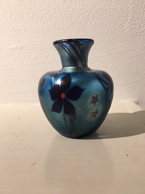 Lundberg Studios, Iridescent Blue Vase, 1977
glass, 3" h. x 2 1/4" w.
signed, dated 1977, and 3'd on bottom
JCA 6225B
$575