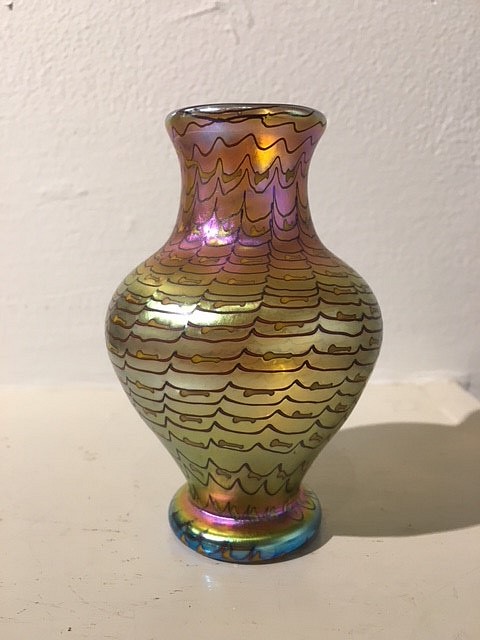 Lundberg Studios, Indian Basket Dore Vase, 1977
glass, 4" h. x 2 1/2" w.
signed, dated 1977 and #'d on bottom
JCA 6225A
$625