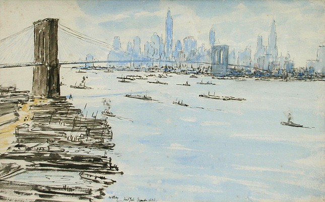 James McBey, Brooklyn Bridge
ink and watercolor on paper, 11" x 17 1/4"
signed McBey and dated New York, December 1929, lower left
JCA 4804
$3,500