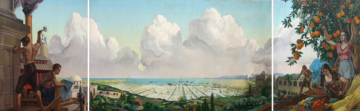 Sanford Low, View of Haifa, Upon the Founding of Israel, 1948
oil on canvas, mural separated into three panels, 69 1/2" x 222"
signed "Sanford Low" and "Walter Korder" and dated lower left
JWC 05/09.02
$175,000