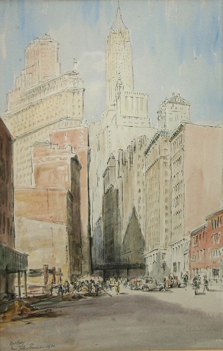 James McBey, Wall Street
ink and watercolor on paper, 18" x 11 3/4"
signed and dated, New York, 11 December 1930, lower left
JCA 4803
$3,000