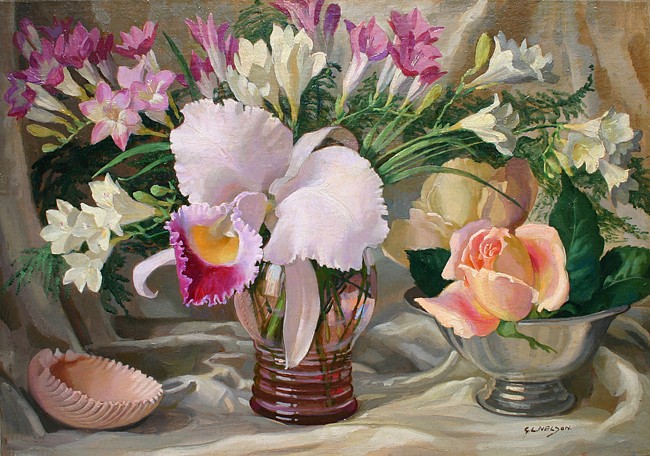 George Laurence Nelson, Orchid, Freesia and Rose, 1938
oil on board, 9 1/2" x 13 1/2"
signed, G.L. Nelson, lower right
signed, titled and dated, 1938, verso
JCA 5027
$1,500