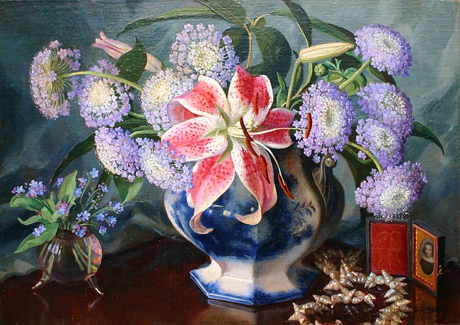 George Laurence Nelson, Lily and Blue Lace
oil on board, 9 1/2" x 13 1/2"
signed, G.L. Nelson, lower right
signed, titled and dated, 1938, verso
JCA 5026
$1,500
