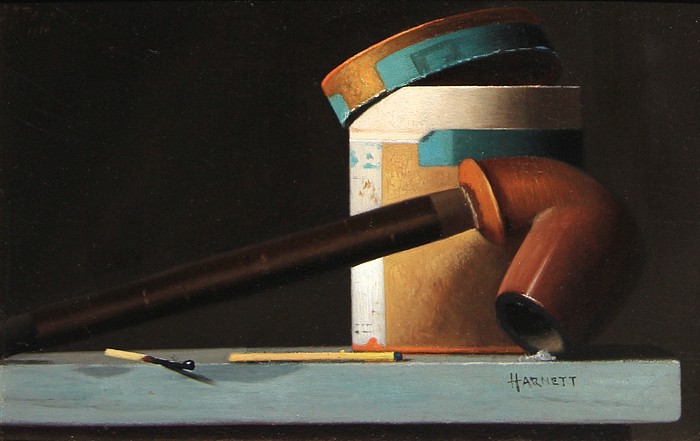 John Frederick Peto, Still Life with Pipe
oil on board, 6" x 9"
signed indistinctly J.F. Peto upper left
also apocryphally signed, Harnett, lower right
JWC 0413
$65,000