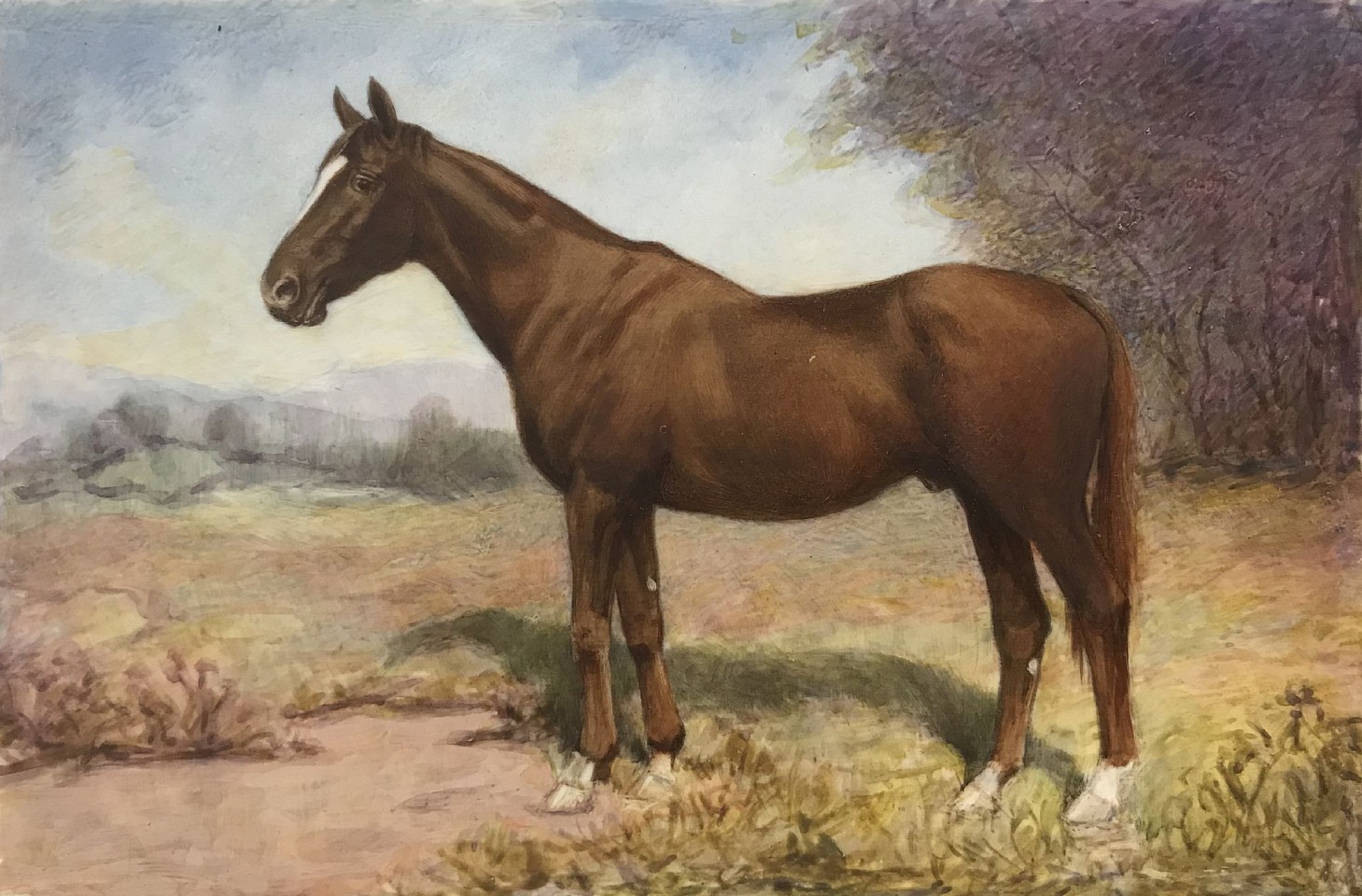 J. Phillip Schmand, Portrait of a Chestnut Horse
watercolor on ivory, 4" x 6"
unsigned
JWC 0119.75
$500