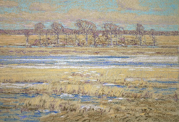 Henry Cooke White, Tidal Marsh with Copse No. 2, Winter
pastel on paper, 10" x 141/4"
estate stamped lower left
HCW 08
$3,500
