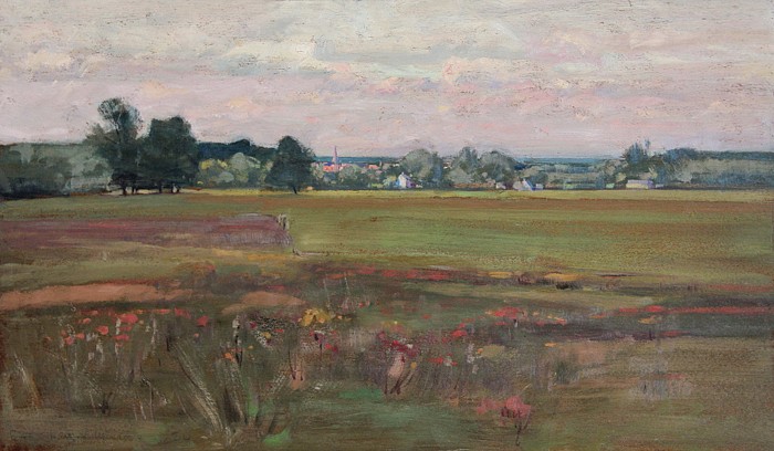Henry Cooke White, East Hartford Meadows
oil on panel, 14" x 24"
inscribed with title and No. 34, lower left
verso: landscape with barn, inscribed: listed #120 and dated, 1889
G&BW 0514.03
$6,500