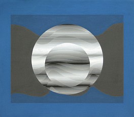 A circle of finely rendered black and white lines, set in a field of blue create this precisionist work by Sewell Sillman.