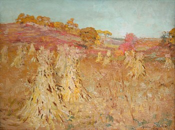 Autumn oranges and soft mauves catch the sunlight in this depiction of an autumn cornfield by Allen Talcott.