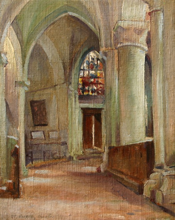 George M. Bruestle, St. Pierre, Chartres
oil on canvas, 10"" x 8""
unsigned, indistinctly inscribed
 and dated 1895, lower left
inscribed FR and dated 1894, verso
JWC GB 010
$1,000