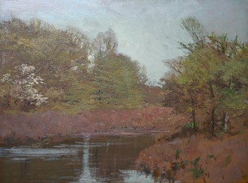 A glass calm stream meanders through this composition of mauve and green undergrowth and trees by Allen Talcott.