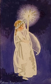 watercolor of a young girl in a white confirmation dress with a candle