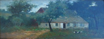 Chickens roam freely in front of a little farmhouse.