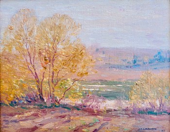 Grass is greening in the middle ground while leaves bud on the tree to the left.