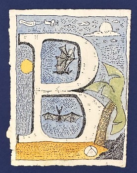 A watercolor of the letter "B" surrounded by images of bats.
