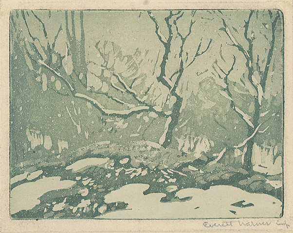 Everett Longley Warner, Snowy Day
woodblock print, 3 3/4"" x 5"" image size
pencil signed, Everett Warner imp., lower right
inscribed on the mount: Christmas Greetings from the Warners
JCA 6076
$650