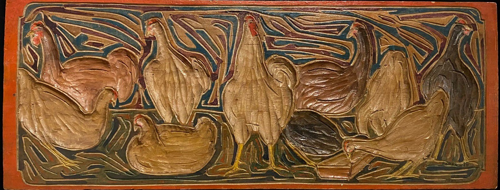 Elmer Livingston MacRae, Chickens, circa 1925
carved and painted wood, 7 1/2"" x 19 3/4""
JCA 6699.01
$1,500