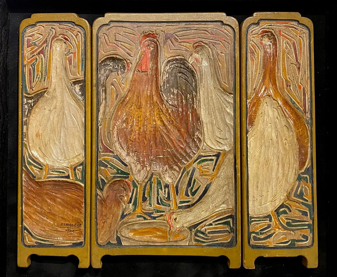 Elmer Livingston MacRae, The Roost, 1922
carved and gilt woodved and painted wood in three panels, 11 1/2"" x 13 1/2"" overall
JCA 6699.02
$1,500