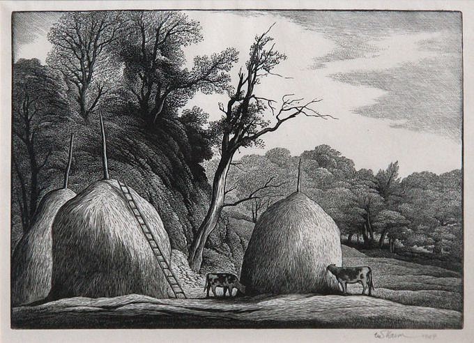 Thomas Willoughby Nason, Haystacks, 1949
wood engraving, edition of 350, (Association of American Artists), 6 3/8"" x 8 7/8""   

BPL #462
THFA 05/17.02
$750